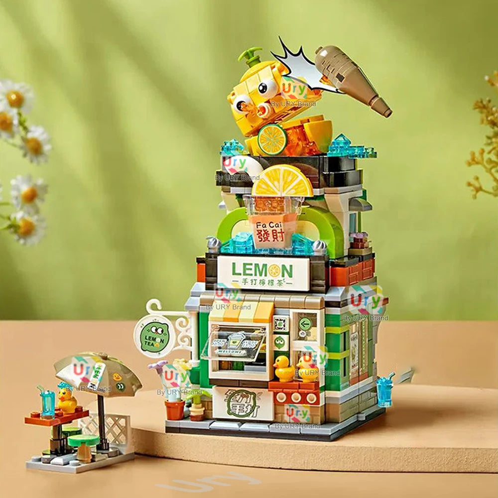 Mini City Japanese Street View Modular Villa Retro Lemon Tea Shop Store Friends House MOC Architectur Building Block Set for Kid