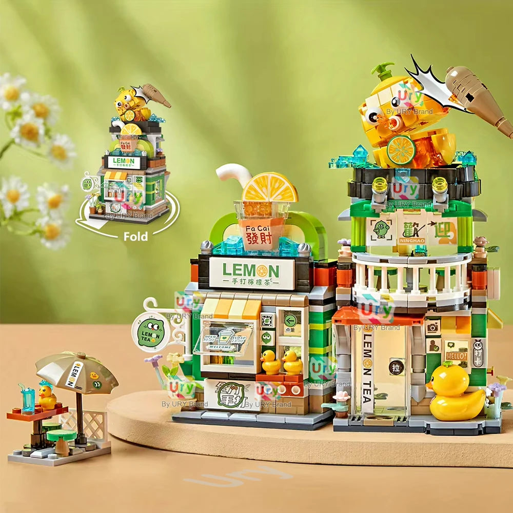 Mini City Japanese Street View Modular Villa Retro Lemon Tea Shop Store Friends House MOC Architectur Building Block Set for Kid