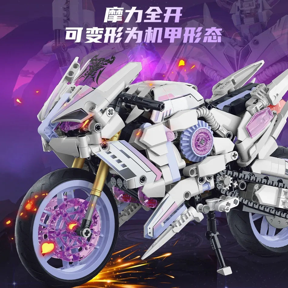 Brick Creative 1:8 Magic Cycling Purple Niu Moka 2 Deformed Motorcycle Locomotive Technology Assembly Building Block Toys