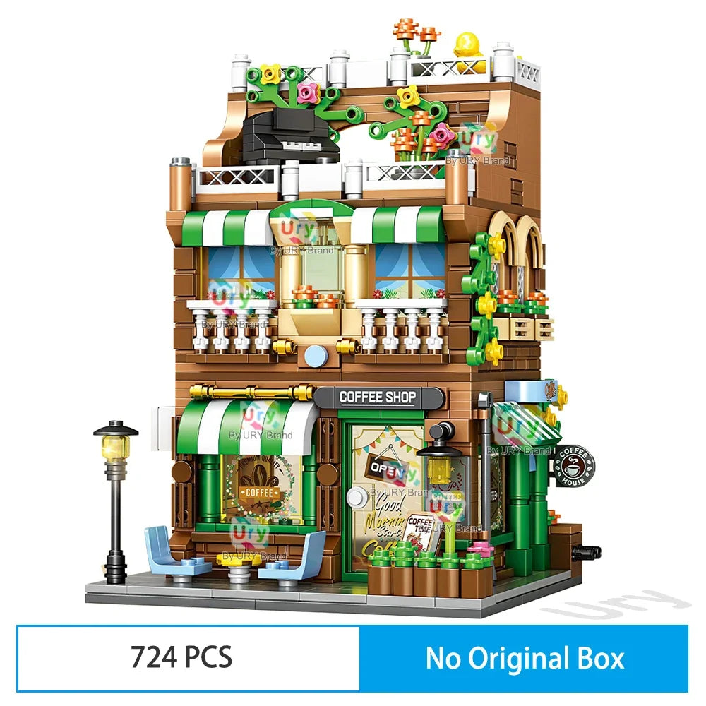 City Street View Modular Mall Supermarket Hotel Burger Coffee Shop Retro Flower House MOC Architecture Building Blocks for Kids