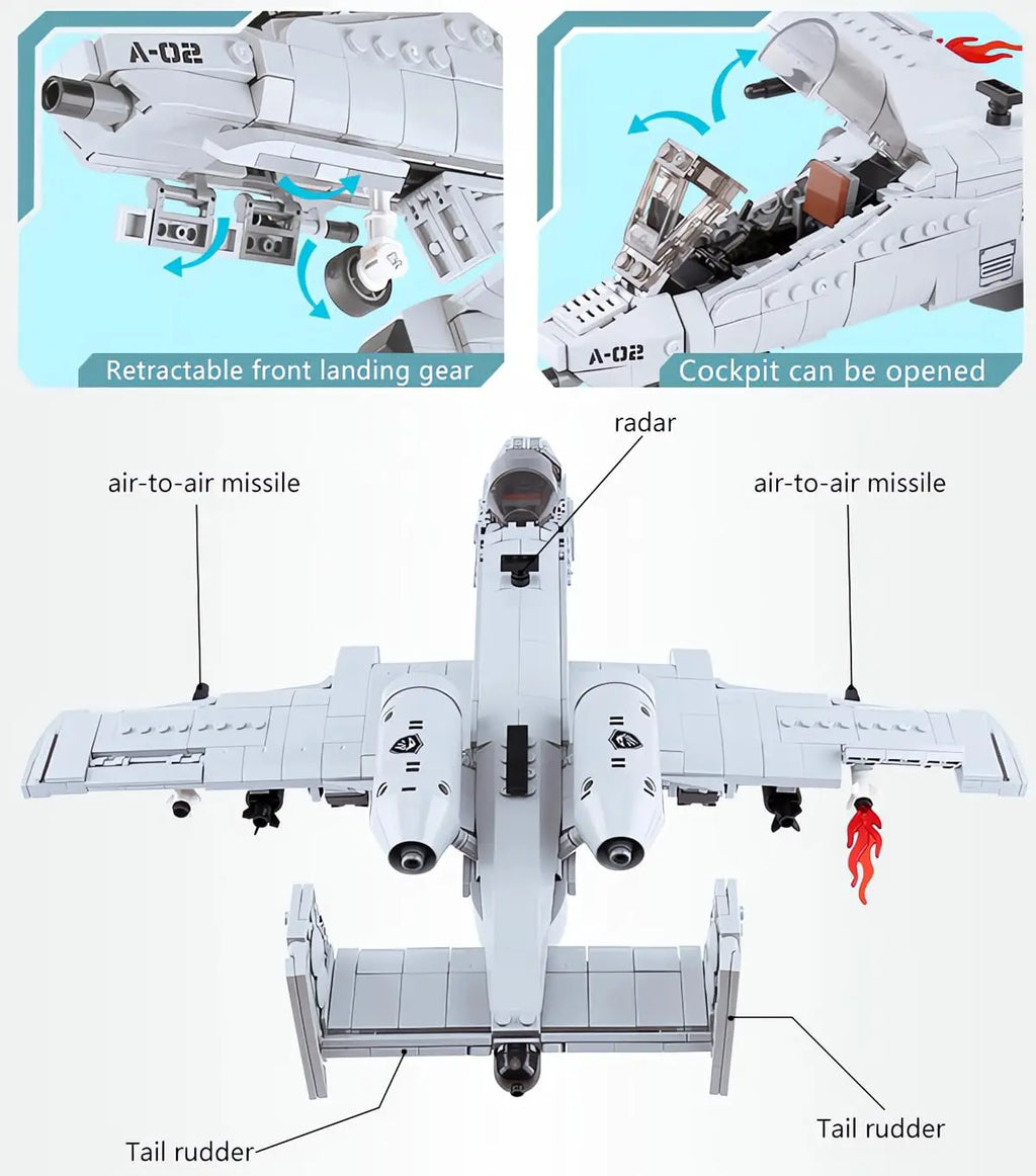 961 TEILE WW2 A10 Warthog Flugzeug Kampfjet Bausteine Set Luftwaffe Flugzeug Modellbausätze Baustein Spielzeug Geschenke für Jugendliche und Erwachsene