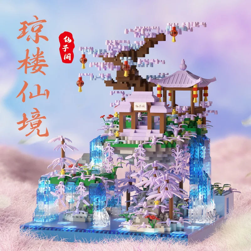 Flowers Tree House Mini Building Blocks Set for Adults Chinese Architecture Model Bonsai Toys with String Lights Home Decoration