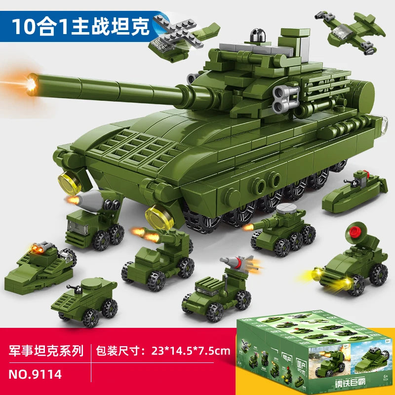 Engineering car blocks 10 in 1 Police car Aircraft Tank warship Fire truck Robot Building bricks Boy toys Children's gifts