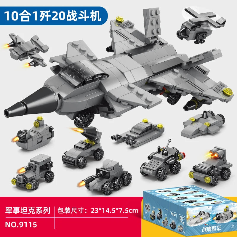 Engineering car blocks 10 in 1 Police car Aircraft Tank warship Fire truck Robot Building bricks Boy toys Children's gifts