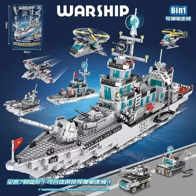 Navy War Chariot Ship Army Boat Plane Model Warships Building Blocks Construction Set for Boys Bricks Toys Christmas Gifts