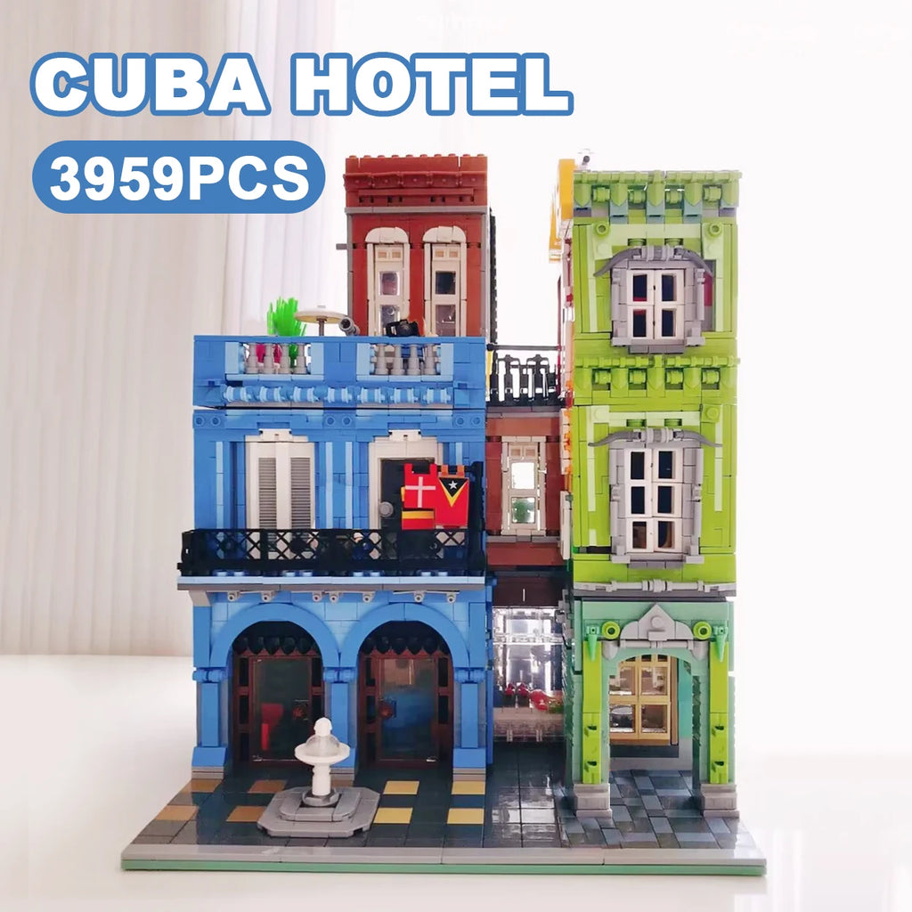 Creative Cuba Hotel stadsstraatzicht architectuur bouwstenen edelsteenwinkel fietsenwinkel micro steentjes model speelgoed cadeau kinderen volwassenen