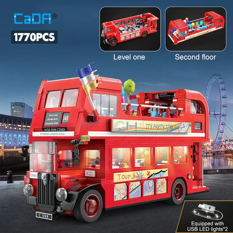 1770 Pcs Cada London Double Deck Bus Building Blocks Red Balloon Light Party City School Technical Car Bricks Toys for Kids Gift - CADA BRICKS®