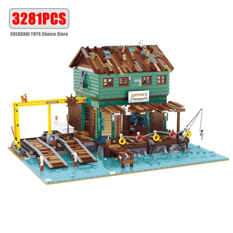 Creative Fisherman's Cabin Store Modular Building Blocks Brick Streetview Series City Architecture Model Sets Kid Toys Boys Gift