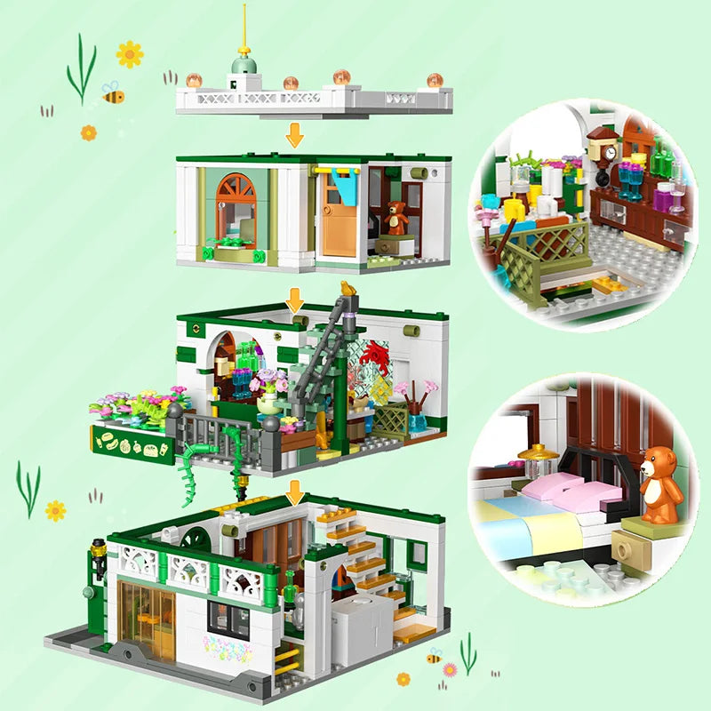 Creative 997Pcs Street View Chinese Restaurant Model Building Blocks City Three Floor Architecture Mini Bricks Toys For Kid Gift