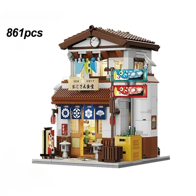 Japanese Street View Building Blocks Tea House Bun House Cafe Store Architecture Model Bricks Kids DIY Toys Holiday Gifts