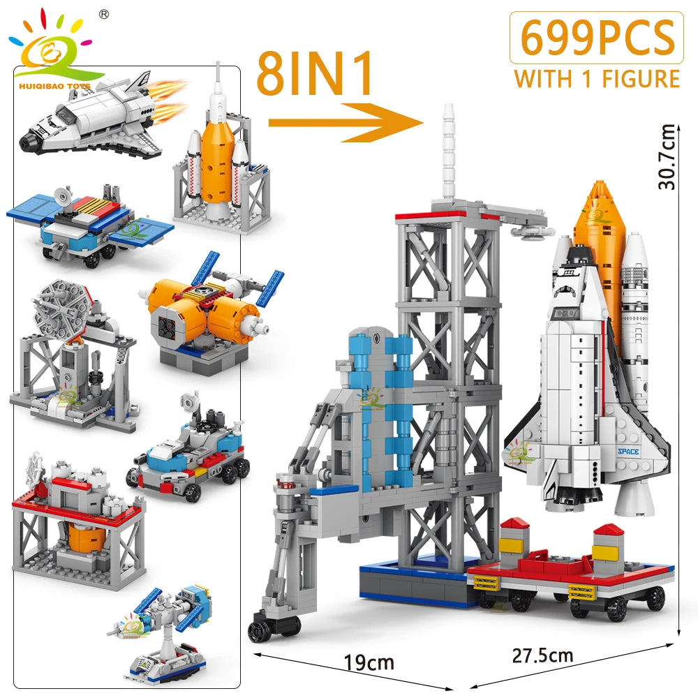 HUIQIBAO Aviation Spaceport Model Space Shuttle Rocket Launch Center Construction Building Blocks MOC Spaceship Kids Bricks Toy