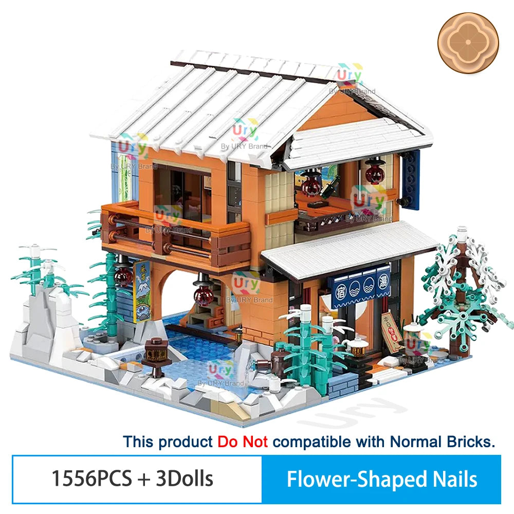 City Street View Modular Japanese Traditional Single-family Villa Retro Flower House MOC Architecture Building Block Toy for Kid