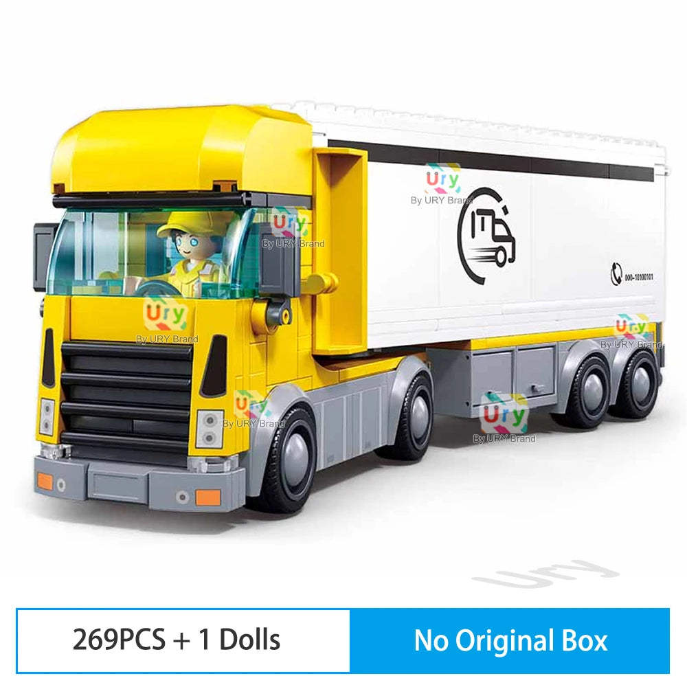 City Traffic Car Yellow Logistics Container Van Truck Express Station Set Figures Model Building Blocks DIY Toys for Boys Gifts