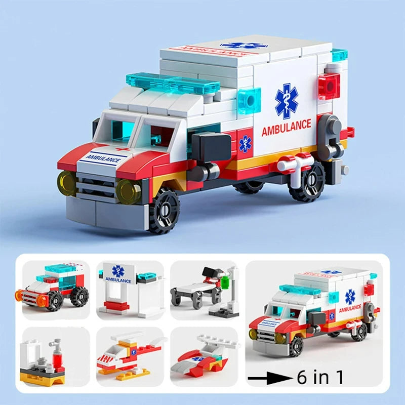 Mini Size 6 In 1 Building Blocks Diy Police Car Fire Truck Castle Model Bricks Kids Educational Toys Gifts
