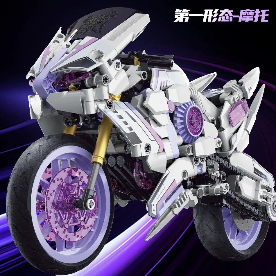 Brick Creative 1:8 Magic Cycling Purple Niu Moka 2 Deformed Motorcycle Locomotive Technology Assembly Building Block Toys