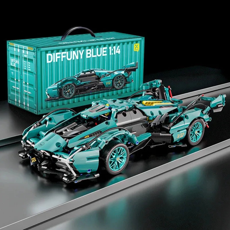 Blue V12 Block Roadster RC Tech Racing 1:14DIY Roadster building block assembly Block car toy birthday gift