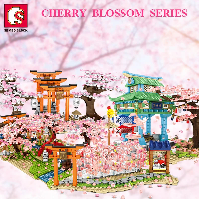 SEMBO BLOCK Sakura Gateutsikt Klossby Kirsebærblomst Japansk Sakura-tre DIY Hus Mini Modellbygging Barneleker