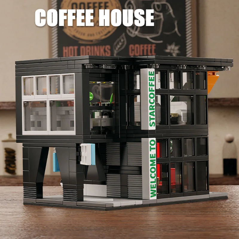 581Pcs City Star Coffee House With Lights Building Blocks Street View Architecture Cafe Shop MOC Bricks Toys Kids Christmas Gift