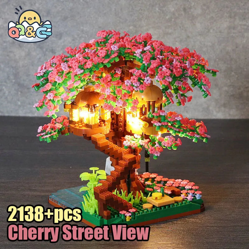 Mini Sakura Boom Bouwstenen Set Doe-Het-Zelf Kersenbloesem Bakstenen met Licht Boomhut Model Ornament Romantisch Cadeau voor Vriendin