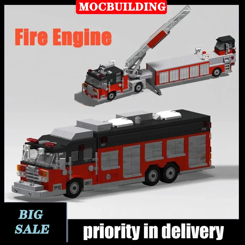 MOC City Fire Truck Transport Vehicle Rescue Tower Ladder Model Building Block Assembly Collection Boy Toy Gift