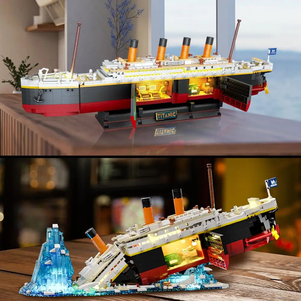Titanic-Bausatz mit LED - 2 in 1 Titanic-Schiff Mini-Baustein-Schiffsmodell mit Gletscher-Displayständer Spielzeuggeschenk für Erwachsene und Kinder ab 10 Jahren