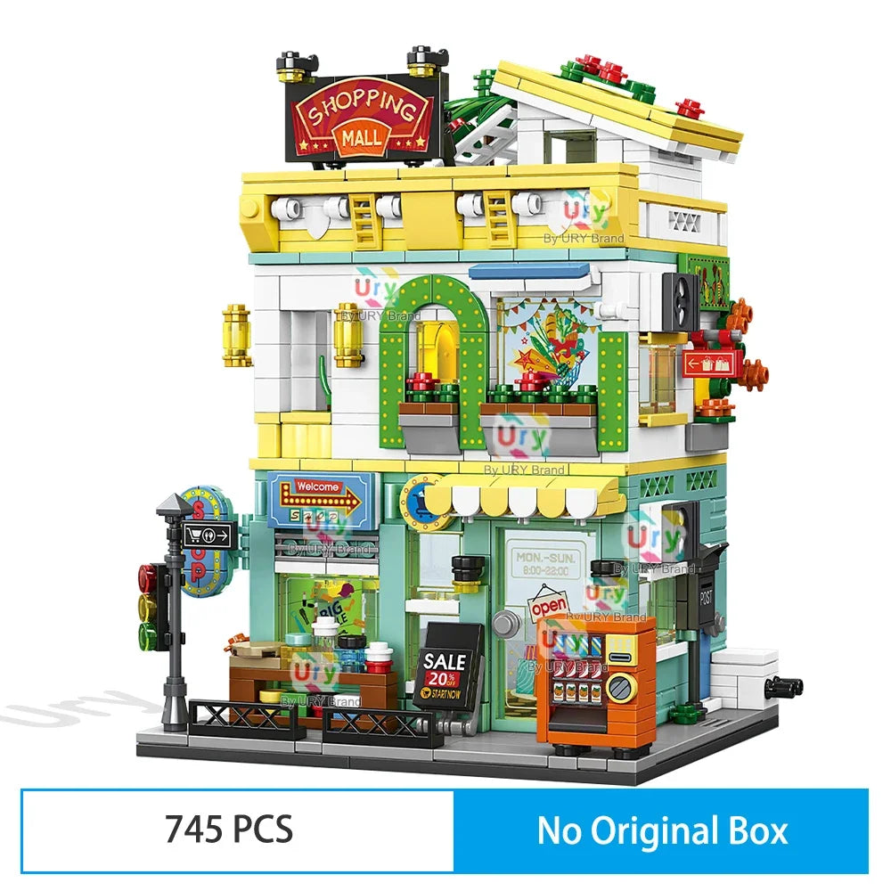 City Street View Modular Mall Supermarket Hotel Burger Coffee Shop Retro Flower House MOC Architecture Building Blocks for Kids