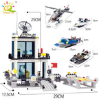 HUIQIBAO City Police Station Building Blocks Prison Truck Helicopter Boat with Policemen Construction Bricks Toys for Children