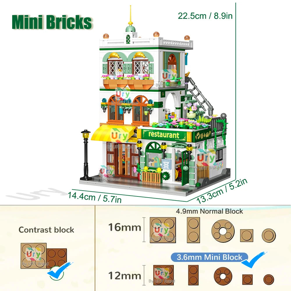City Street View Modular Chinese Restaurant Retro Flower House with LED Light MOC Architecture Building Block Sets Toys for Kids