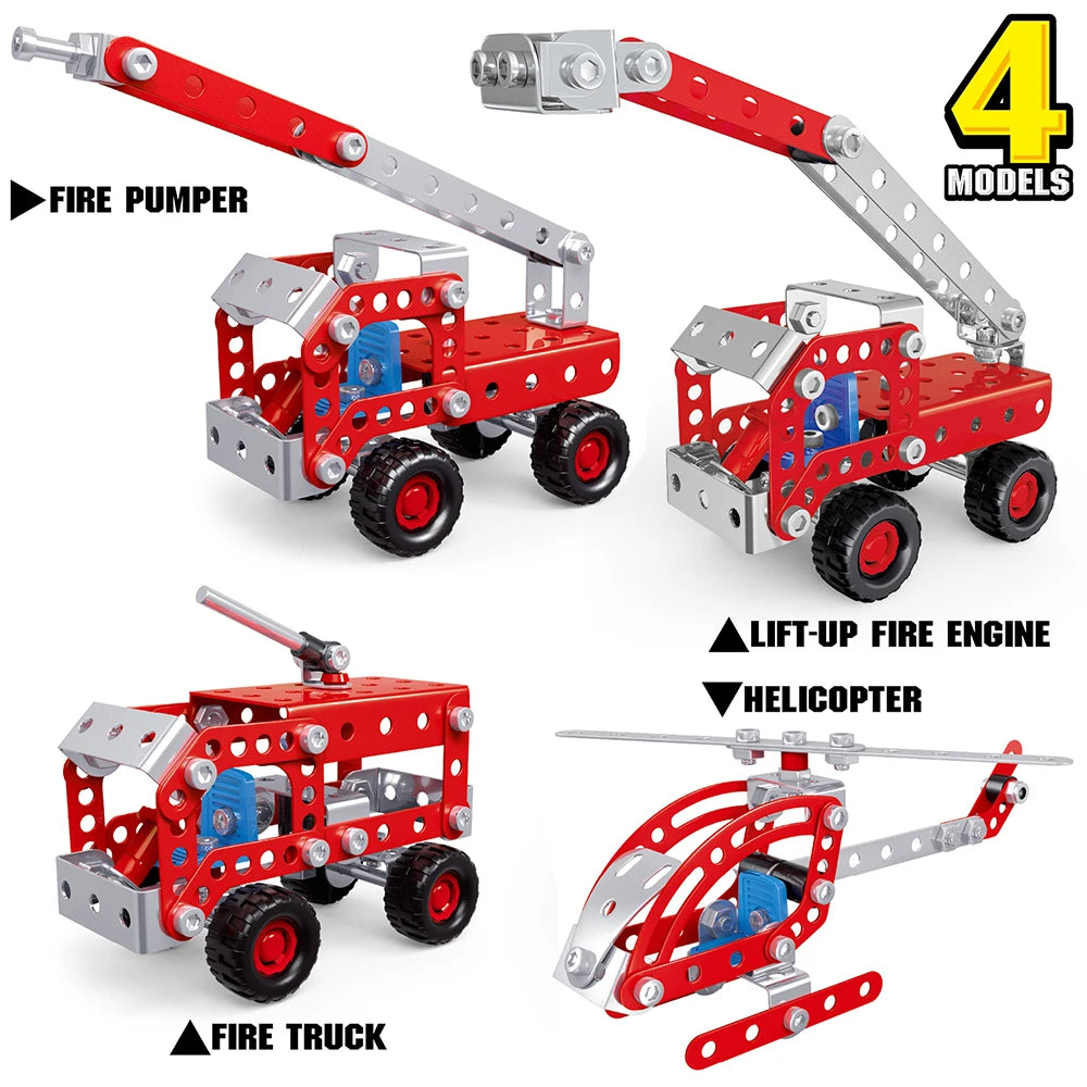 Metal Assembly Building Block Fire Truck Model Crane Excavator Bulldozer Engineering Vehicle Set DIY Screw Nut Alloy Toy for Boy