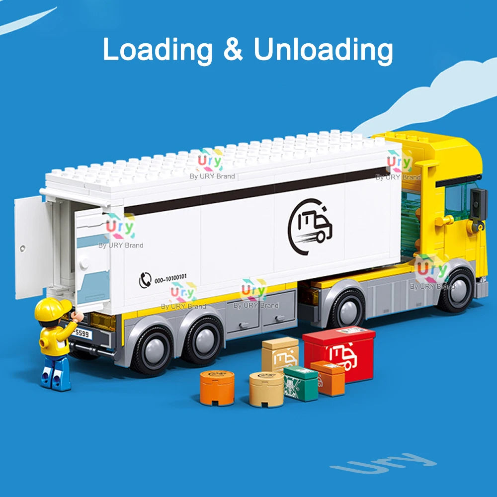 City Traffic Car Yellow Logistics Container Van Truck Express Station Set Figures Model Building Blocks DIY Toys for Boys Gifts