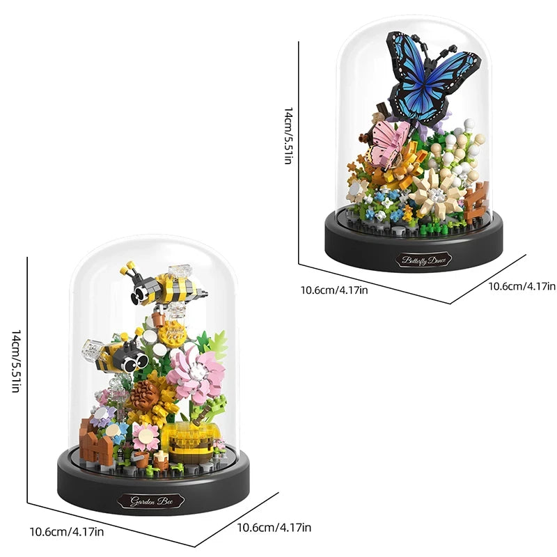 Bee Butterfly Flower Bonsai Building Blocks Insect Plant Potted Model Bricks With Dust Cover Children's DIY Toy Holiday Gifts