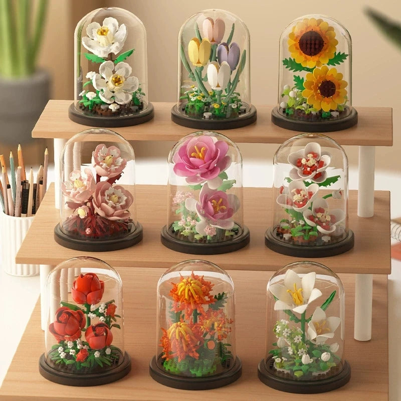 DIY MOC Flower Arrangement Dust Cover Tulip Rose Sunflower Plants Succulents Gardens Building Blocks Model Kids Sets Kits Toys - CADA BRICKS®