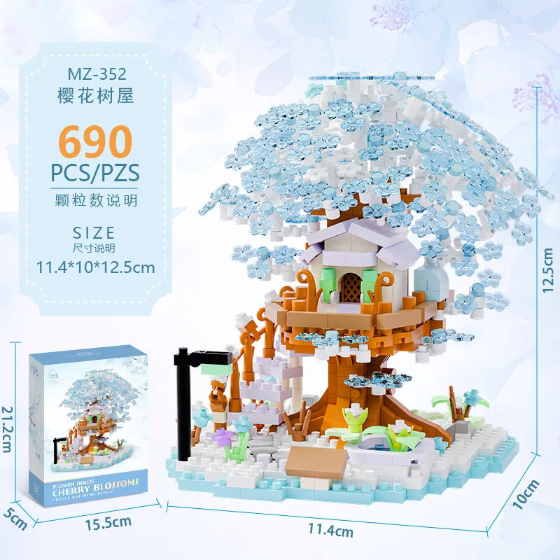 Forest House Building Blocks 3D Cherry Blossom Tree House Architecture Bricks Model Log Cabin Toys For Kids Santa Gift MZ322