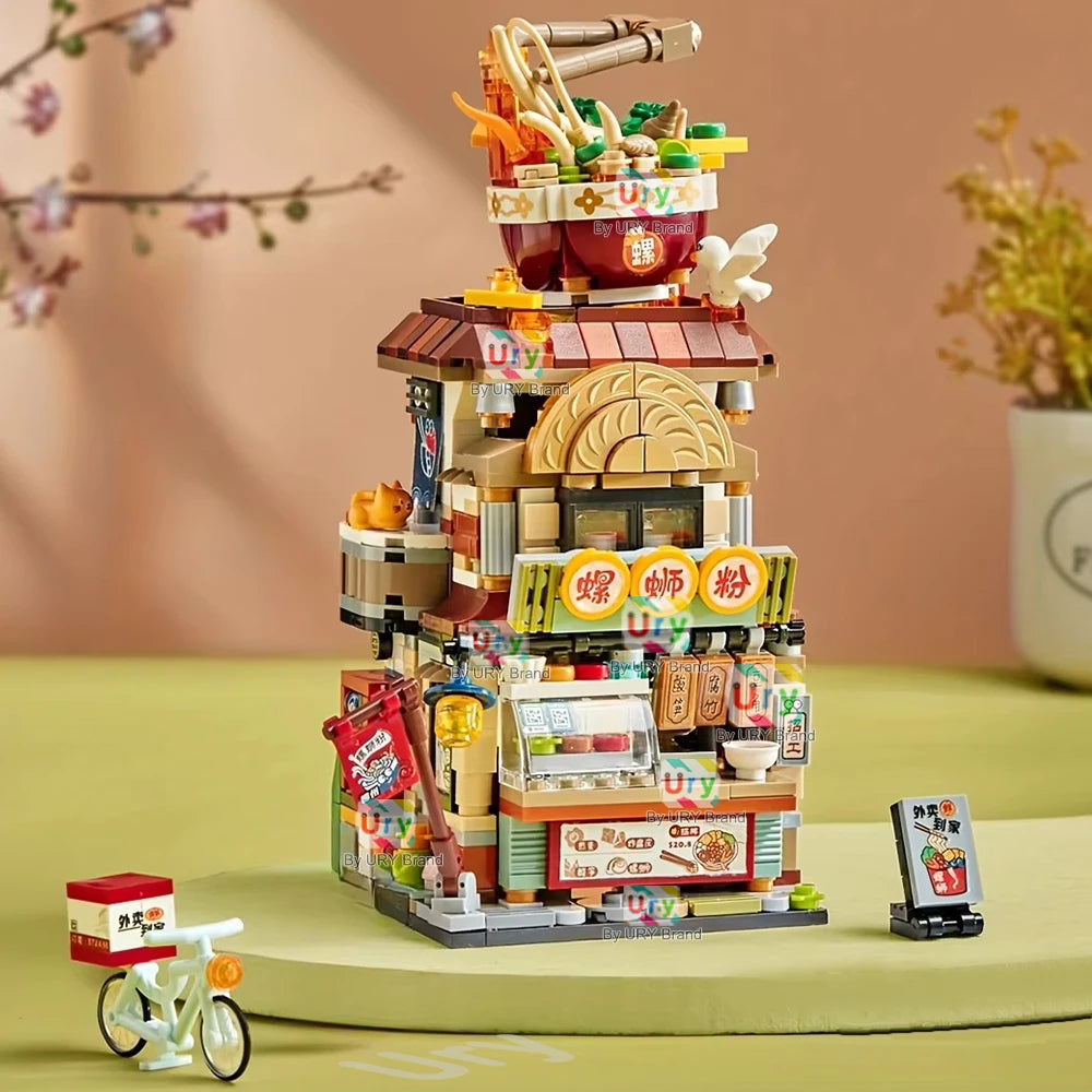 Mini City Japanese Street View Modular Villa Retro Noodle Shop Store Friends House MOC Architecture Building Blocks Set for Kids