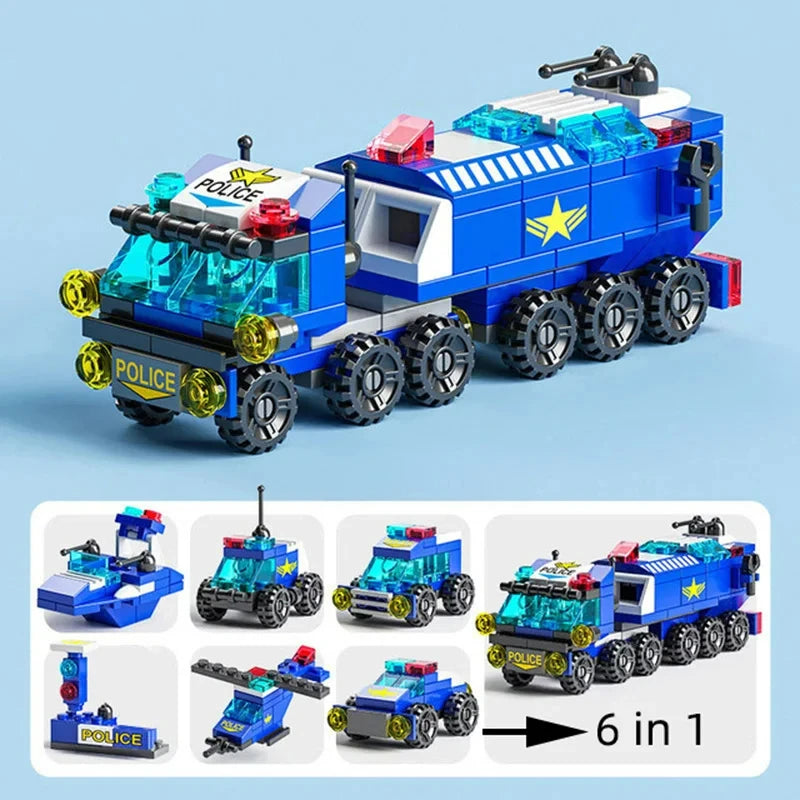 Mini Size 6 In 1 Building Blocks Diy Police Car Fire Truck Castle Model Bricks Kids Educational Toys Gifts