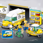 City Traffic Car Yellow Logistics Container Van Truck Express Station Set Figures Model Building Blocks DIY Toys for Boys Gifts