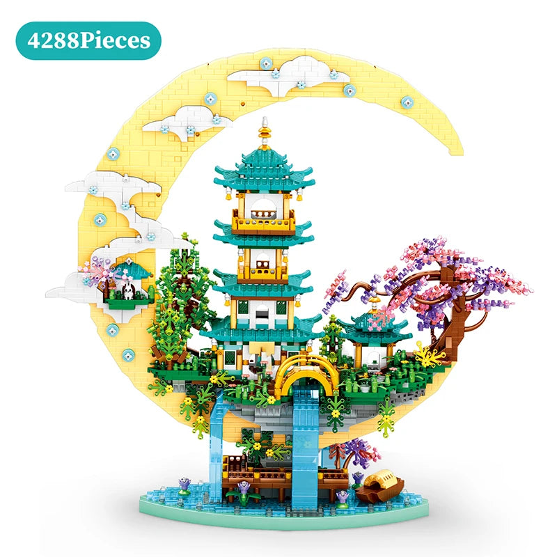 Ancient Pavilion Temple Tower Lake Garden Gate Led Light Model Mini Diamond Blocks Bricks Building Chinese Style Home Decor Gift
