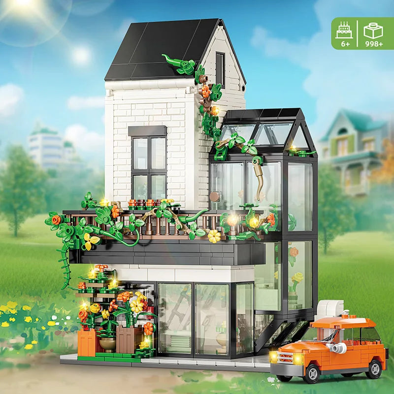 City 998Pcs Street View Sunshine Flower House Building Blocks MOC Architecture Duplex Villa With Car Bricks Toys Valentine Gift