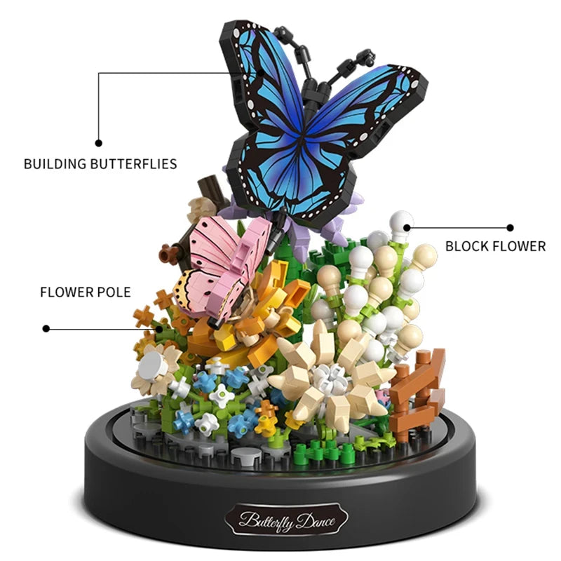 Bee Butterfly Flower Bonsai Building Blocks Insect Plant Potted Model Bricks With Dust Cover Children's DIY Toy Holiday Gifts