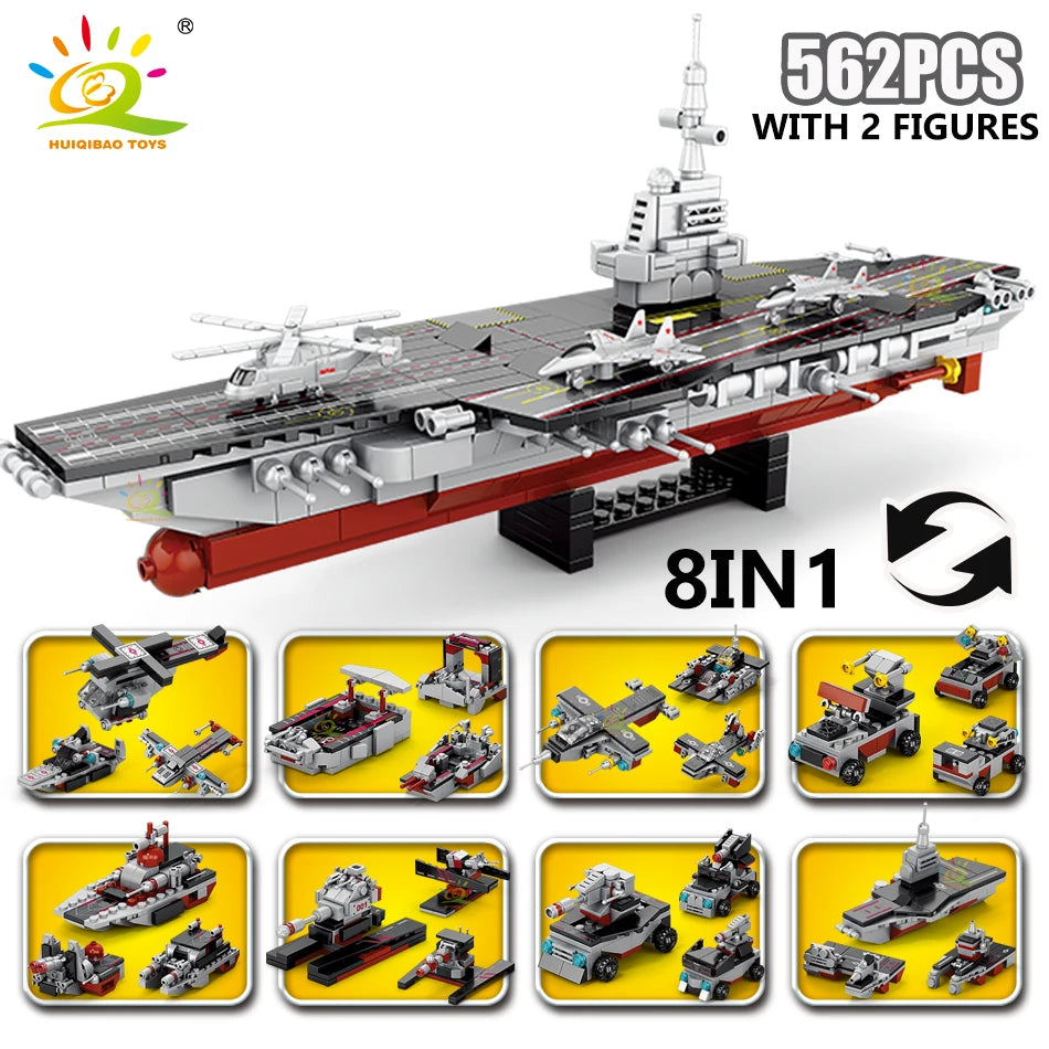 HUIQIBAO 562pcs 8in1 Military Ship Aircraft Cruiser Building Blocks Army Weapon Warship Truck Bricks City Toy for Children Gift