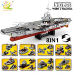 HUIQIBAO 562pcs 8in1 Military Ship Aircraft Cruiser Building Blocks Army Weapon Warship Truck Bricks City Toy for Children Gift