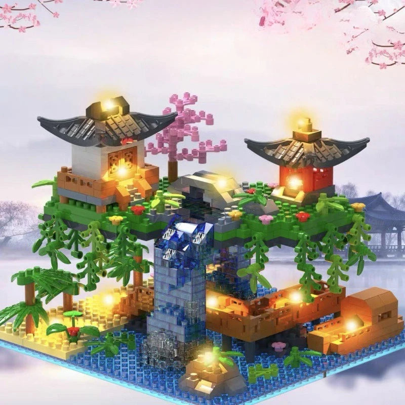 Flowers Tree House Mini Building Blocks Set for Adults Chinese Architecture Model Bonsai Toys with String Lights Home Decoration