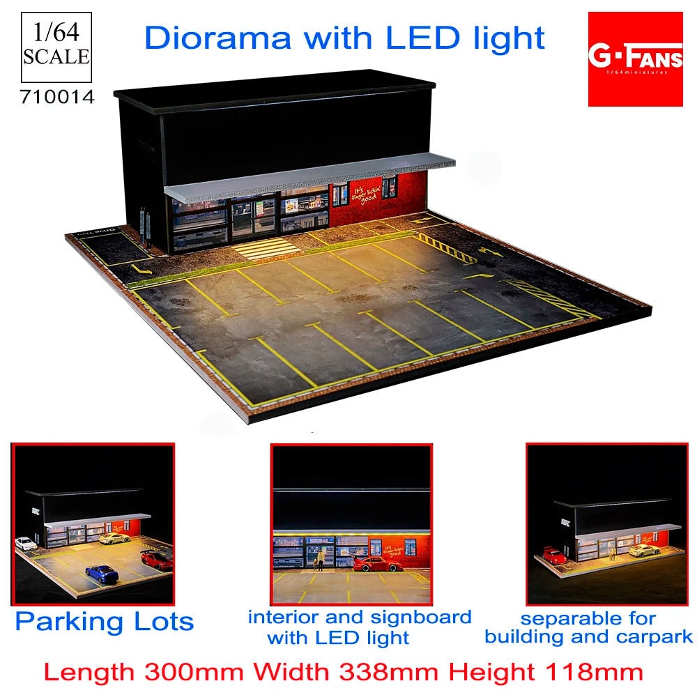 GFans NEW Model 1:64 Scale Diorama Car Garage Model With LED Lights Parking Lots City DIY Model Sets Collection Display Gifts