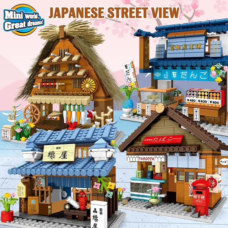 Classic Japan City Street View Build Block Japanese Pastry Vegetable Shop Fabric Bleaching Dyeing Convenience Store Bricks Toy
