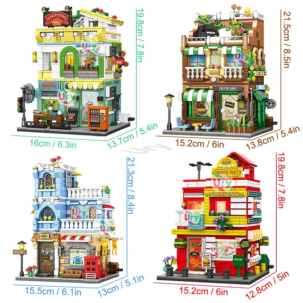 City Street View Modular Mall Supermarket Hotel Burger Coffee Shop Retro Flower House MOC Architecture Building Blocks for Kids
