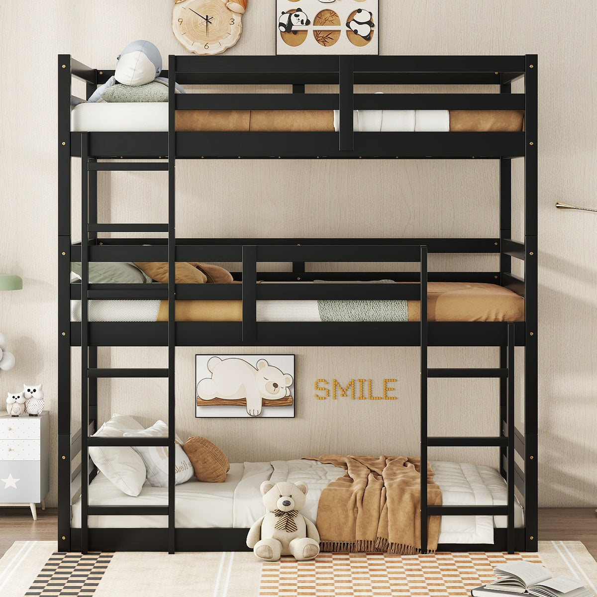 Triple Rubber Wood Bunk Bed with Two Built-in Ladders, Guardrails, Twin over Twin over Twin, Detachable Triple Twin Bunk Bed,Black