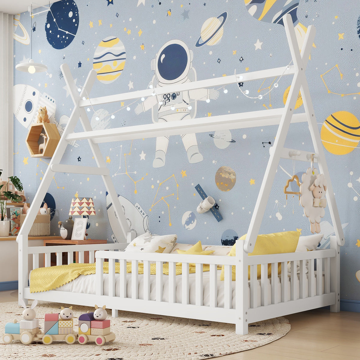 Twin House Bed with Light, Low Floor House Bed with Fence and Roof for Kids Boys Girls,White(Expect arrive date 2026/4/2  Old SKU W2593P296909)
