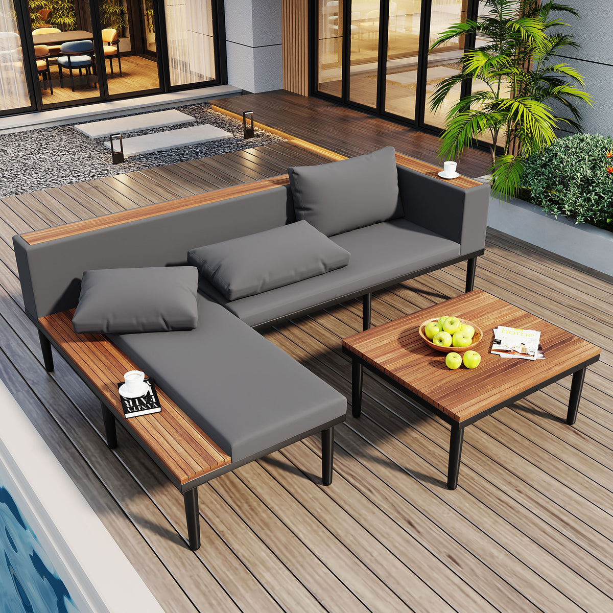 <Old SKU: N704G201251E> Luxury Patio Furniture Set with Removable Cushions and Coffee Table, L-Shaped  Acacia Wood Sofa with Side table, Outdoor Conversation Sectional Sofa  for Backyard, Porch, Gray