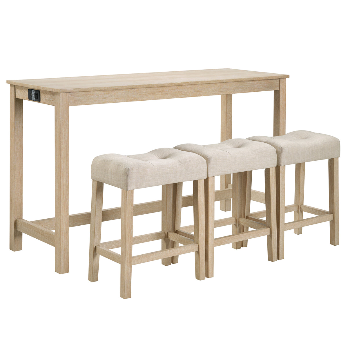 4 Piece Bar Table Set with Power Outlet, Bar Table Set with Chairs, Sofa Bar Table with Stools, Behind Couch Table with 3 Padded Stools for Living Room, Dining room, Light Oak