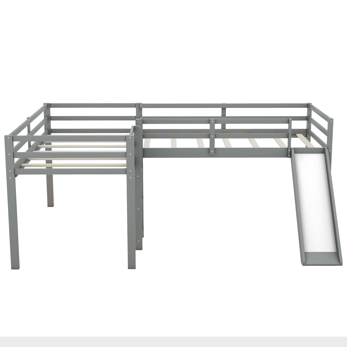 L-Shaped Twin Size Loft Bed with Ladder and Slide in Gray, Solid Pine Wood and MDF